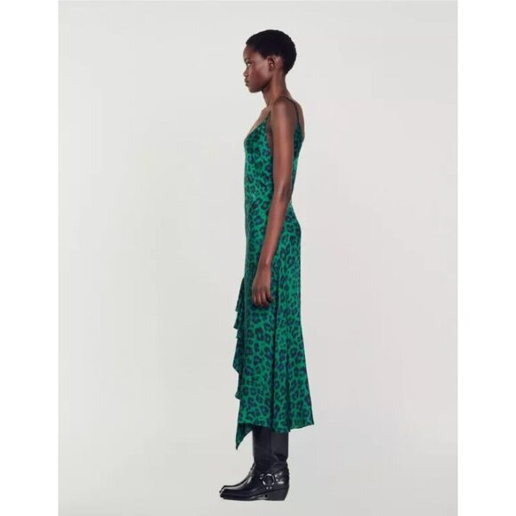 Sandro Amazonie Leopard Print Satin Midi Slip Dress Green Animal Print US 4 - Picture 4 of 16